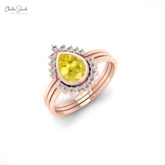 Halo Triple Band Ring with 0.72 Ct Yellow Sapphire & Diamond Stack Ring In 14k Real Gold