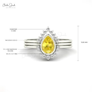 Halo Triple Band Ring with 0.72 Ct Yellow Sapphire & Diamond Stack Ring In 14k Real Gold