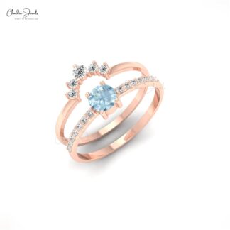 Solitaire Dual Band With 0.27 Ct Aquamarine And Diamond Chevron 14k Real Gold Ring