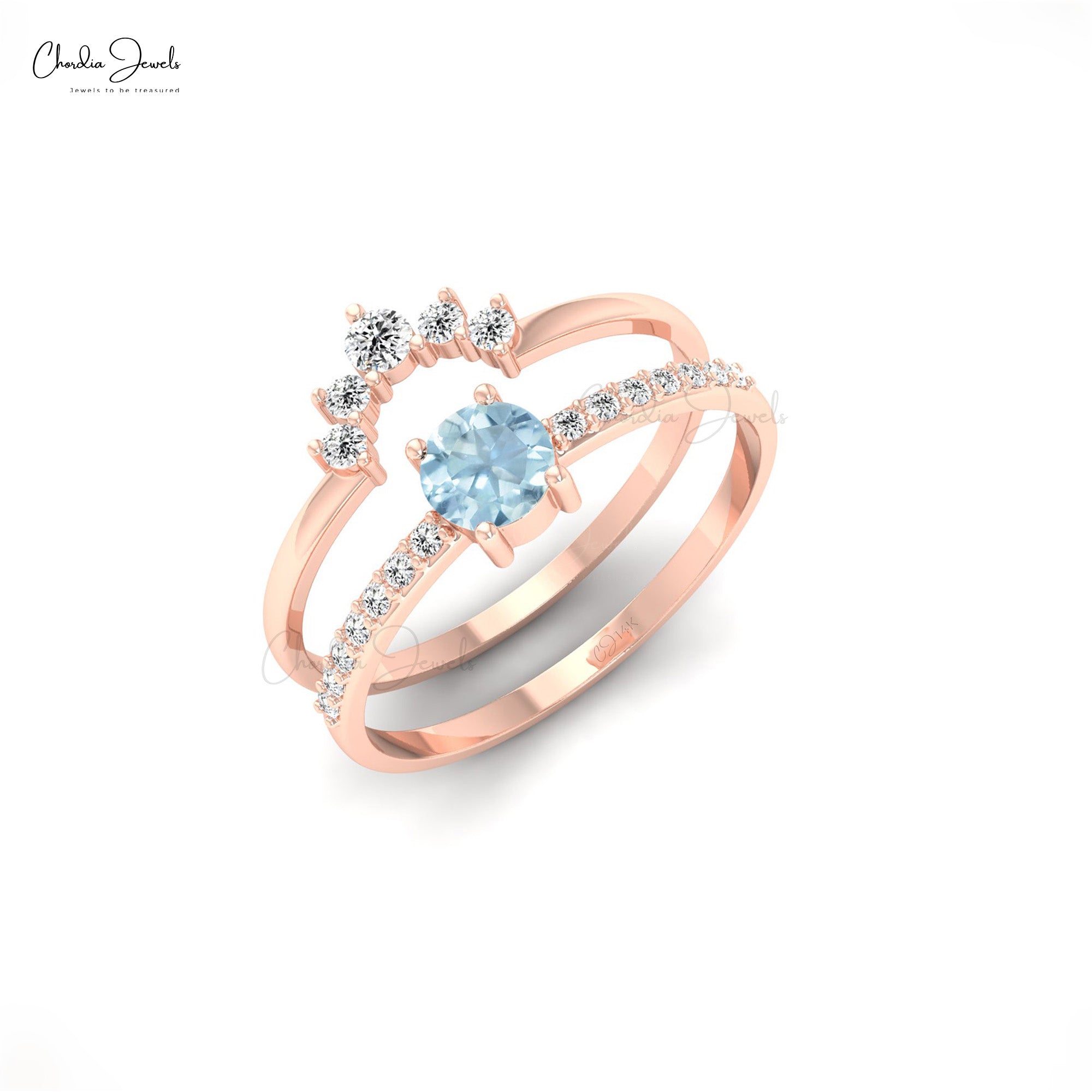 Solitaire Dual Band With 0.27 Ct Aquamarine And Diamond Chevron 14k Real Gold Ring