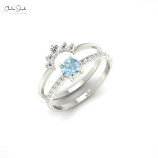 Solitaire Dual Band With 0.27 Ct Aquamarine And Diamond Chevron 14k Real Gold Ring