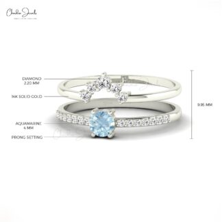 Solitaire Dual Band With 0.27 Ct Aquamarine And Diamond Chevron 14k Real Gold Ring