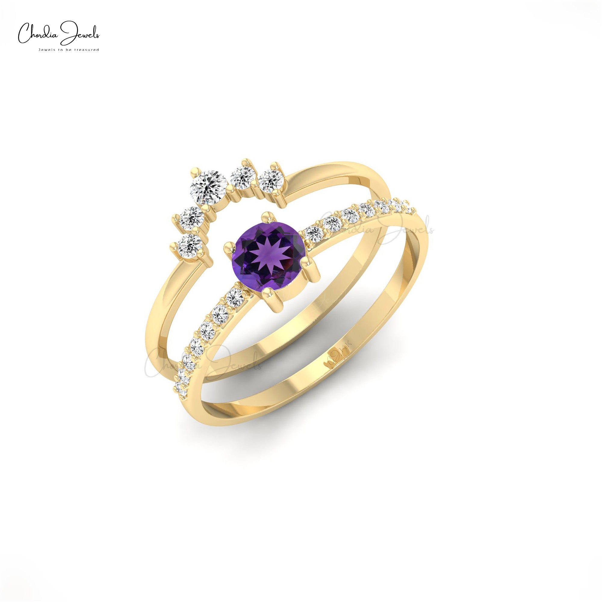 Solid 14k Gold Chevron Diamond Band With 0.23 Ct Amethyst Prong Set Women Ring