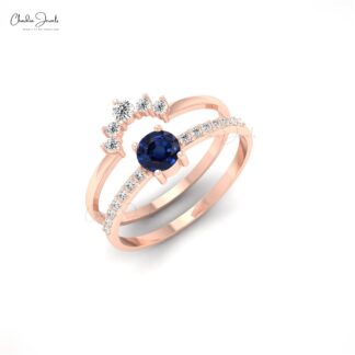 Chevron Dual Band in 14k Gold With 4mm Blue Sapphire And Pave Diamond Stackable Ring