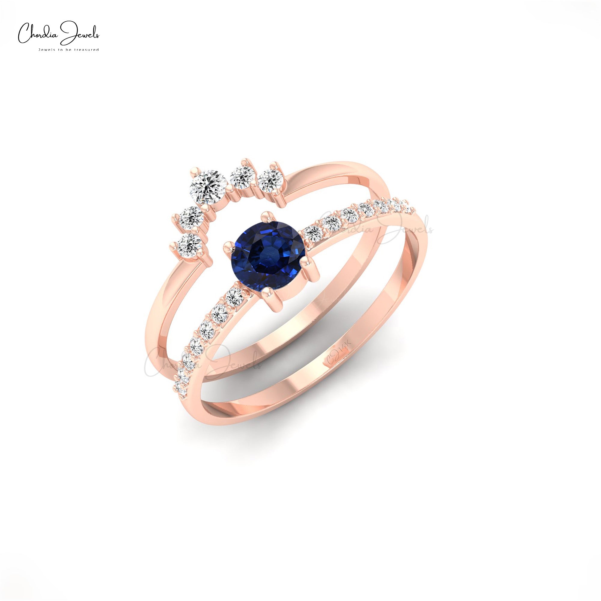 Chevron Dual Band in 14k Gold With 4mm Blue Sapphire And Pave Diamond Stackable Ring