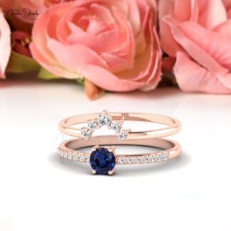 Chevron Dual Band in 14k Gold With 4mm Blue Sapphire And Pave Diamond Stackable Ring