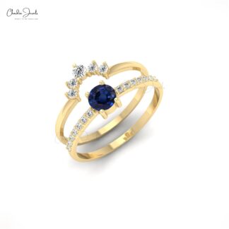 Chevron Dual Band in 14k Gold With 4mm Blue Sapphire And Pave Diamond Stackable Ring