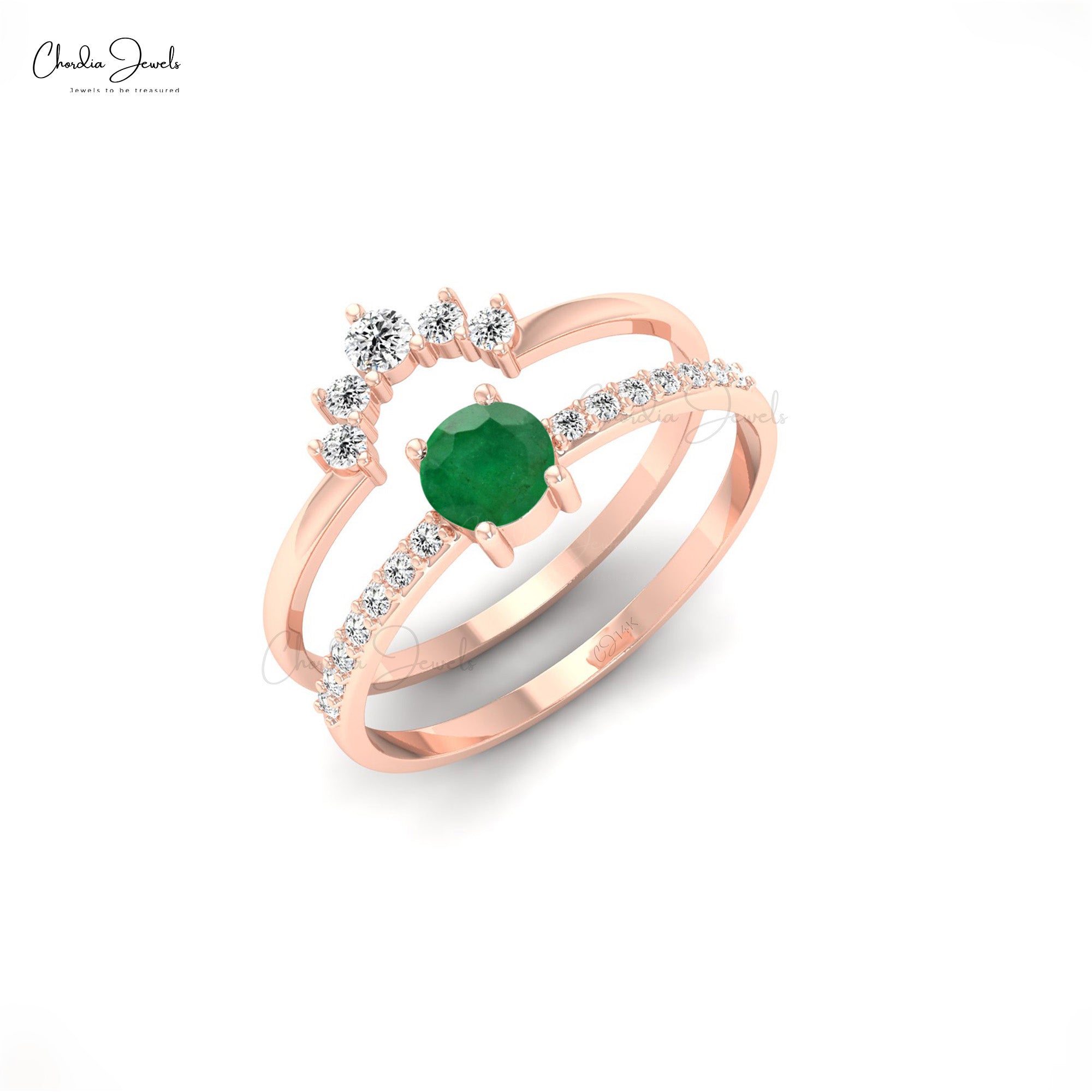 Dual Birthstone Stackable Band With 4mm Emerald And Diamond Accents In 14k Real Gold Ring