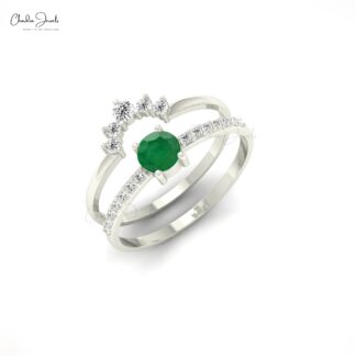 Dual Birthstone Stackable Band With 4mm Emerald And Diamond Accents In 14k Real Gold Ring