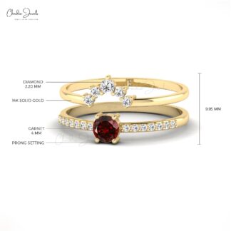 Pure 14k Gold Dual Band In 0.23 Red Garnet January Birthstone Chevron Diamond Women Ring
