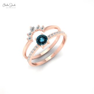 Two Stacking Band in 14k Solid Gold With 4mm London Blue Topaz And Diamond Ring