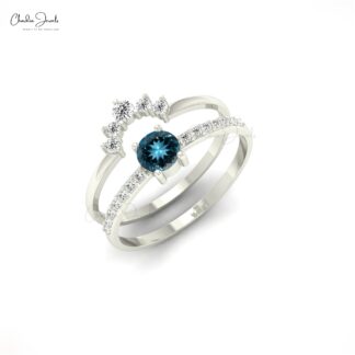 Two Stacking Band in 14k Solid Gold With 4mm London Blue Topaz And Diamond Ring
