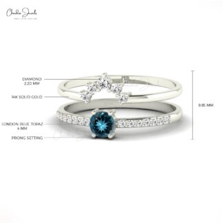 Two Stacking Band in 14k Solid Gold With 4mm London Blue Topaz And Diamond Ring
