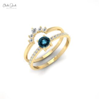 Two Stacking Band in 14k Solid Gold With 4mm London Blue Topaz And Diamond Ring