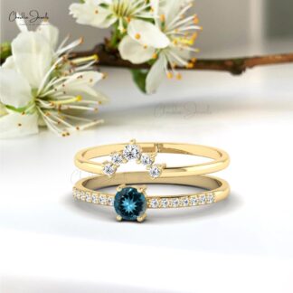 Two Stacking Band in 14k Solid Gold With 4mm London Blue Topaz And Diamond Ring