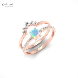 Double Stack Band Ring In 14k Real Gold Fire Opal 4mm Gemstone Diamond Hallmark Rings