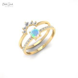 Double Stack Band Ring In 14k Real Gold Fire Opal 4mm Gemstone Diamond Hallmark Rings