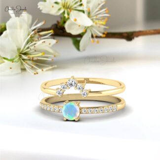 Double Stack Band Ring In 14k Real Gold Fire Opal 4mm Gemstone Diamond Hallmark Rings