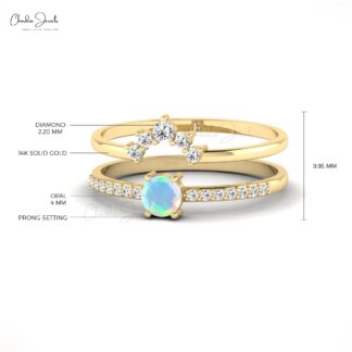 Double Stack Band Ring In 14k Real Gold Fire Opal 4mm Gemstone Diamond Hallmark Rings