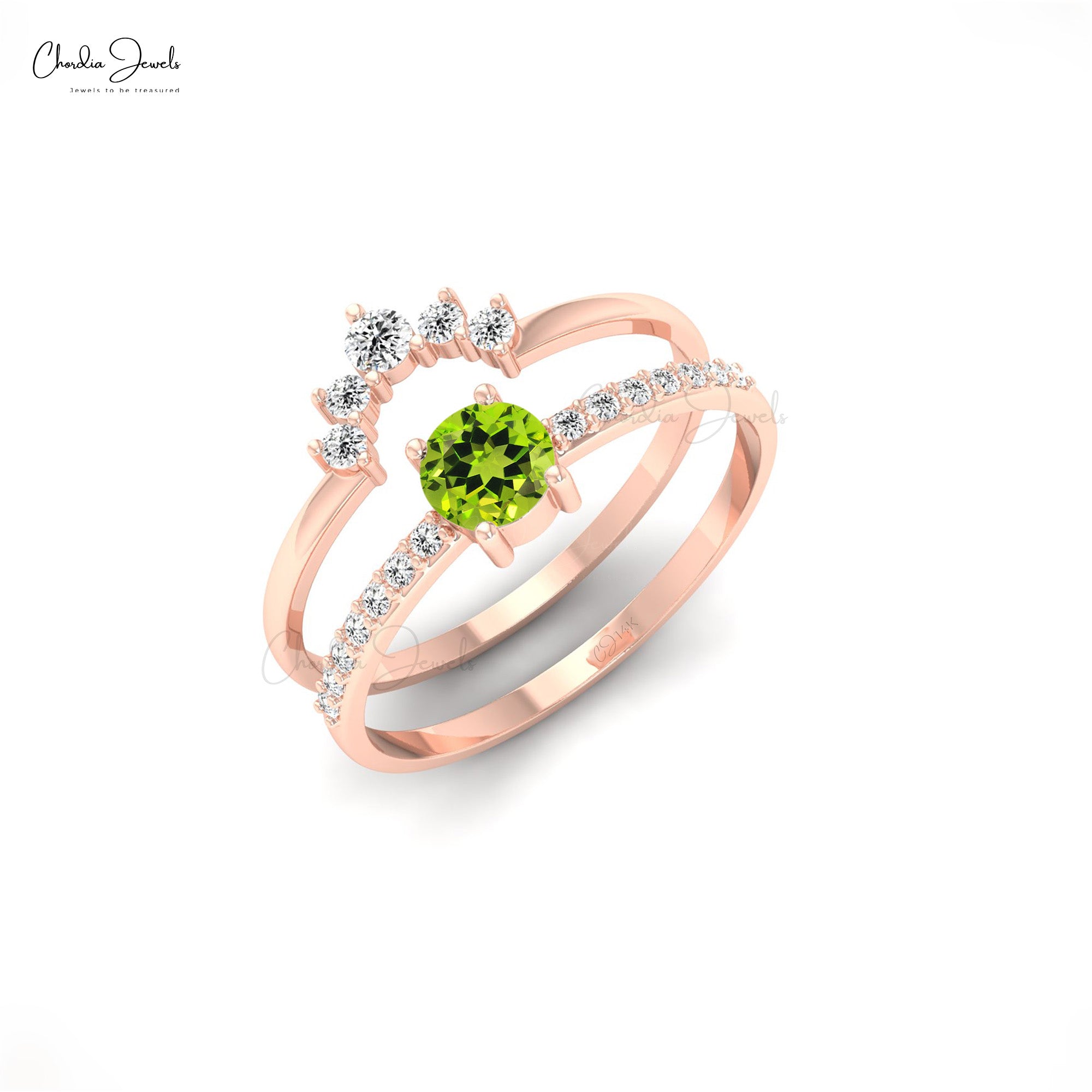 Chevron Two Band With 0.23 Ct Round Peridot And Small Diamond 14k Real Gold Ring