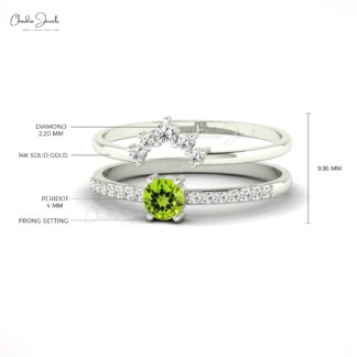 Chevron Two Band With 0.23 Ct Round Peridot And Small Diamond 14k Real Gold Ring