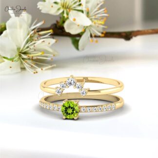 Chevron Two Band With 0.23 Ct Round Peridot And Small Diamond 14k Real Gold Ring
