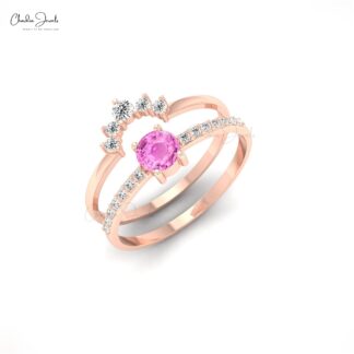 Stack Chevron Ring With 0.23 Ct Pink Sapphire And Diamond 14k Solid Gold Band