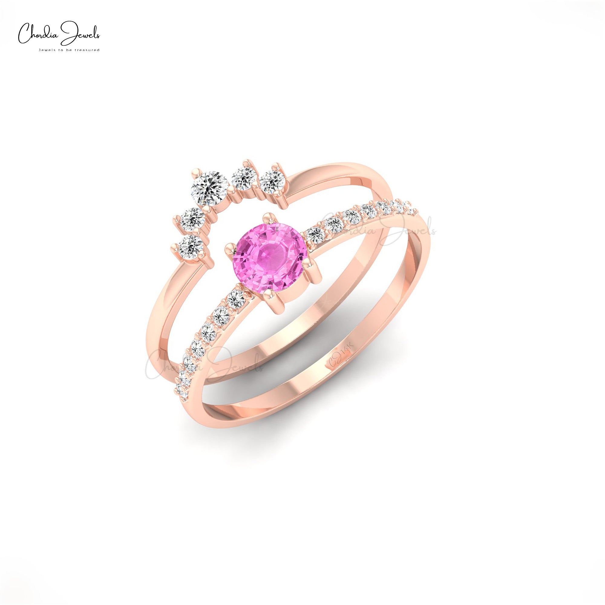 Stack Chevron Ring With 0.23 Ct Pink Sapphire And Diamond 14k Solid Gold Band