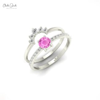 Stack Chevron Ring With 0.23 Ct Pink Sapphire And Diamond 14k Solid Gold Band