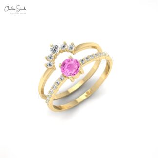 Stack Chevron Ring With 0.23 Ct Pink Sapphire And Diamond 14k Solid Gold Band