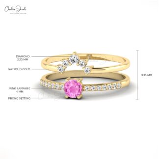 Stack Chevron Ring With 0.23 Ct Pink Sapphire And Diamond 14k Solid Gold Band