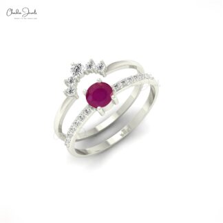 Genuine Burma Ruby And Diamond Stackable 14k Solid Gold Dual Band Ring For Her
