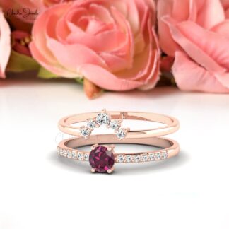 Diamond Dual Band With 4mm Brilliant Cut Rhodolite Garnet Ring In 14k Solid Gold Jewelry