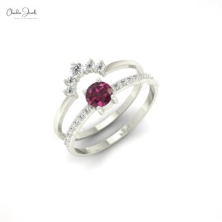Diamond Dual Band With 4mm Brilliant Cut Rhodolite Garnet Ring In 14k Solid Gold Jewelry