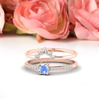 Stackable Diamond Band With 14k Real Gold Rainbow Moonstone Dual Band Ring