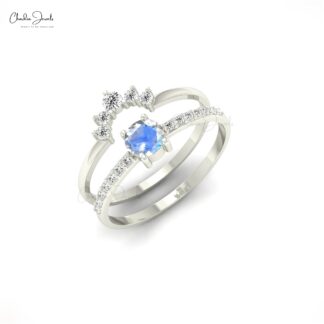 Stackable Diamond Band With 14k Real Gold Rainbow Moonstone Dual Band Ring