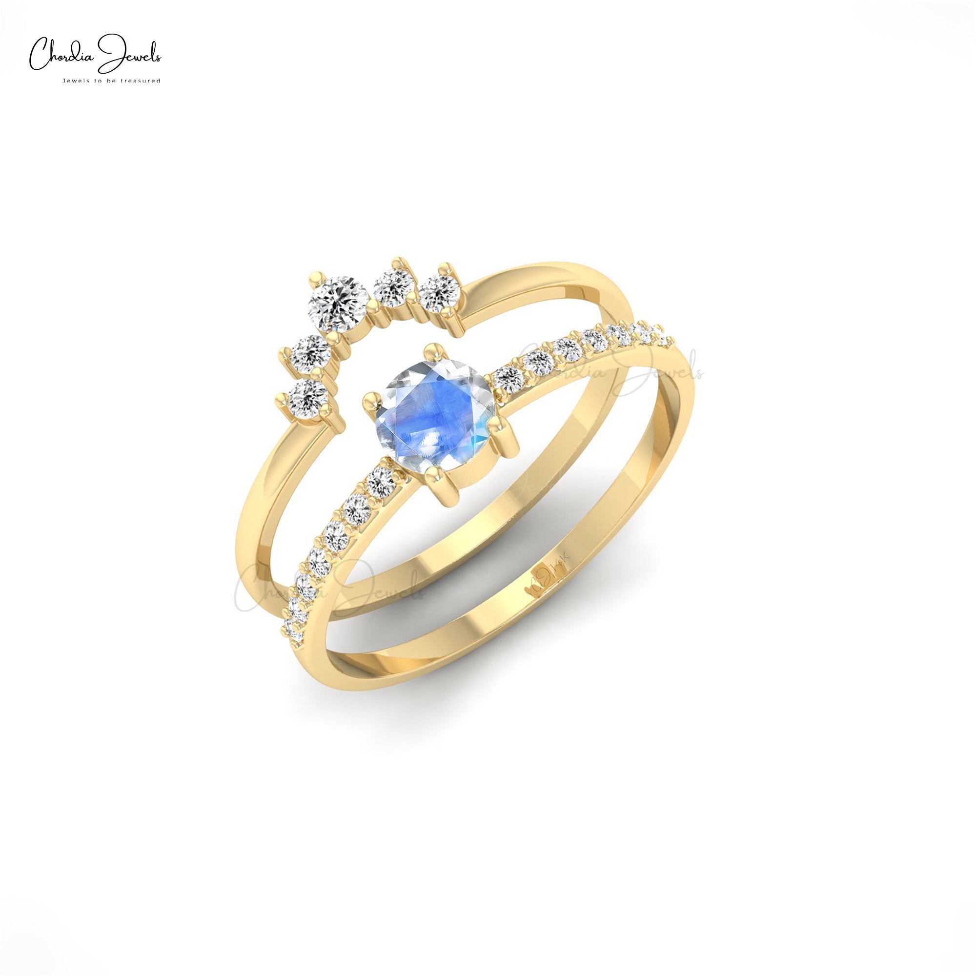 Stackable Diamond Band With 14k Real Gold Rainbow Moonstone Dual Band Ring