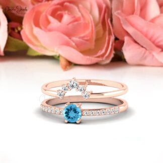 Real 14k Gold Stackable Band In 4mm Swiss Blue Topaz Chevron Diamond Ring