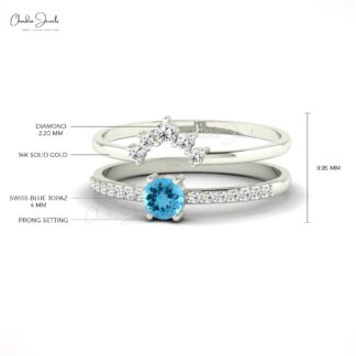 Real 14k Gold Stackable Band In 4mm Swiss Blue Topaz Chevron Diamond Ring