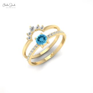 Real 14k Gold Stackable Band In 4mm Swiss Blue Topaz Chevron Diamond Ring