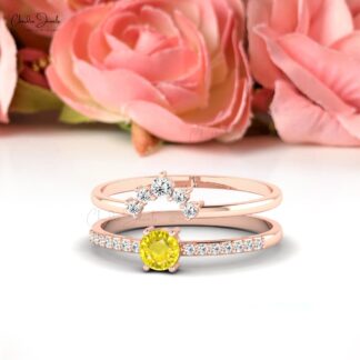 Double Stack Band in Real 14k Gold Yellow Sapphire 4mm Gemstone Diamond Ring