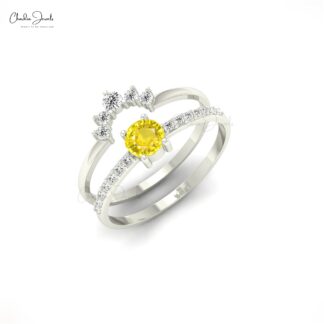 Double Stack Band in Real 14k Gold Yellow Sapphire 4mm Gemstone Diamond Ring