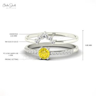 Double Stack Band in Real 14k Gold Yellow Sapphire 4mm Gemstone Diamond Ring