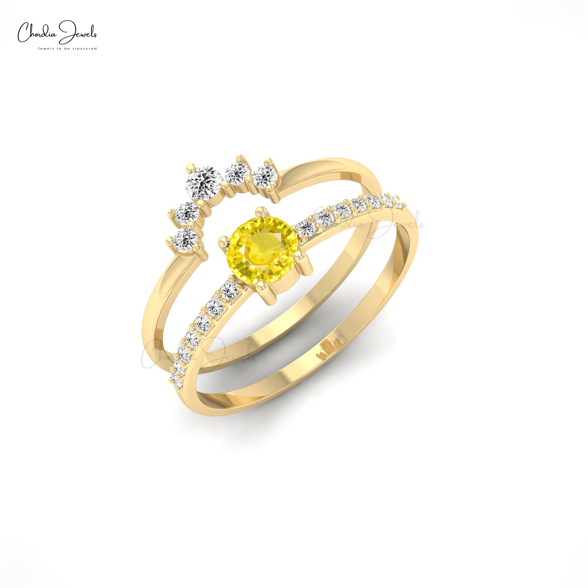 Double Stack Band in Real 14k Gold Yellow Sapphire 4mm Gemstone Diamond Ring