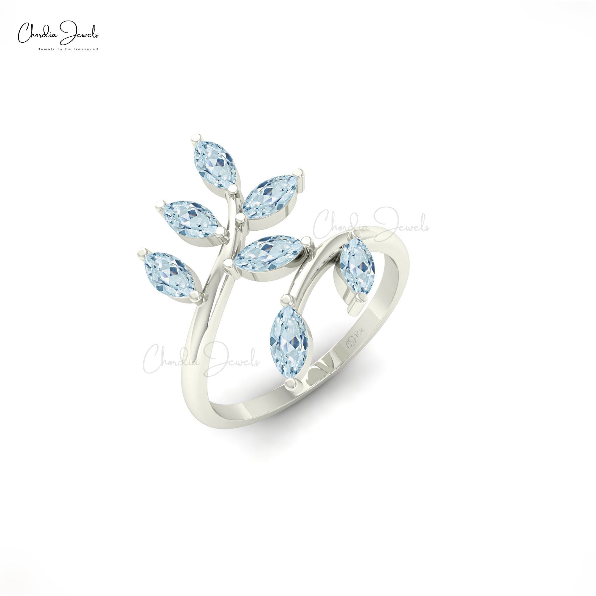 Genuine Aquamarine 0.91 Ct Marquise Seven Stone14k Solid Gold Leaf Women Ring