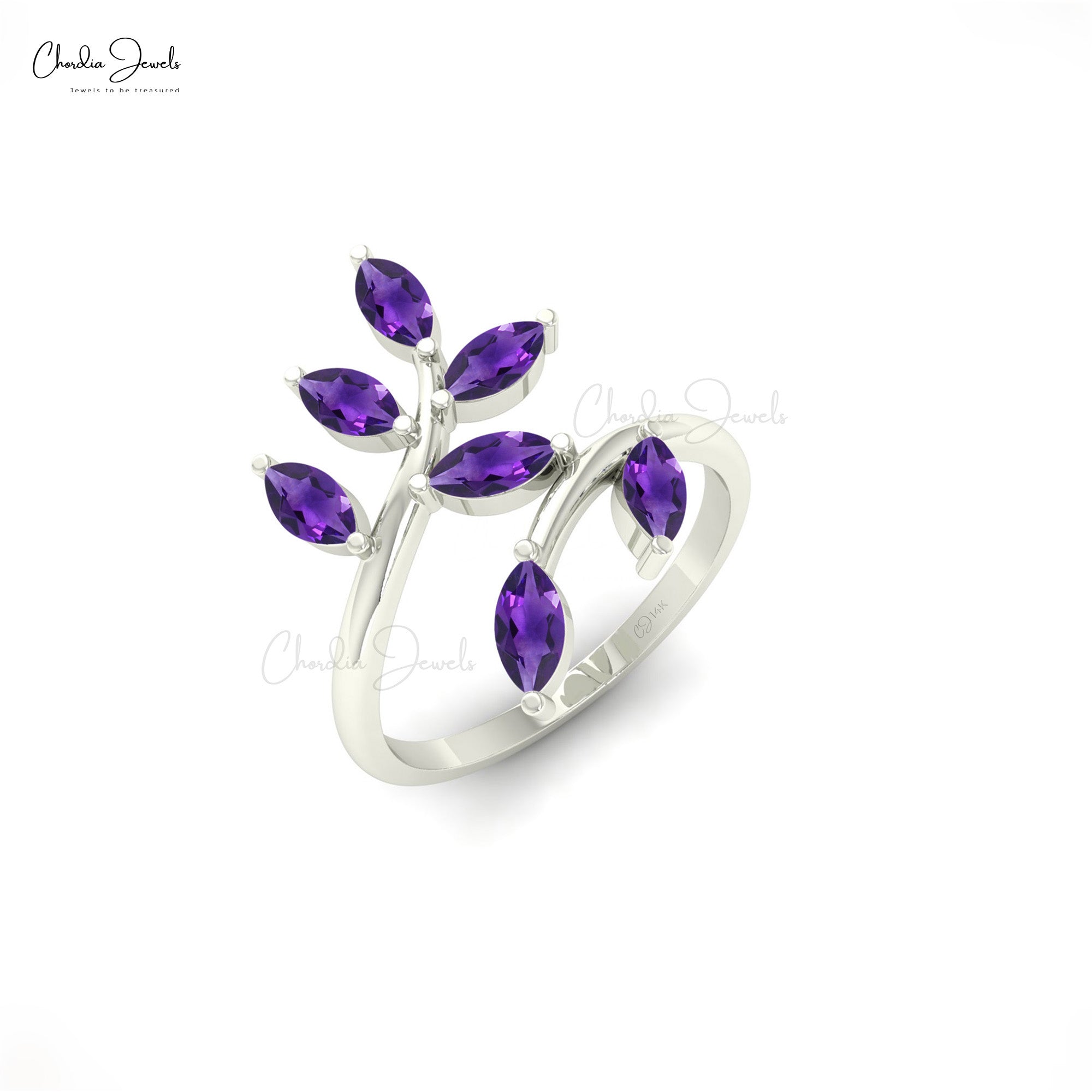 Real 14k Gold Leafy Open Band With 1.19 Ct Amethyst Gemstone Handmade Ring For Her
