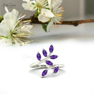 Real 14k Gold Leafy Open Band With 1.19 Ct Amethyst Gemstone Handmade Ring For Her