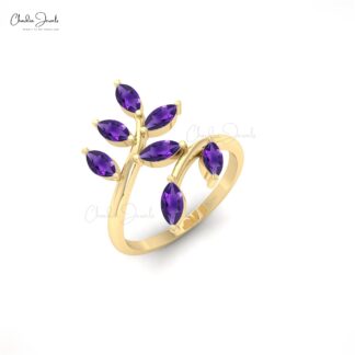 Real 14k Gold Leafy Open Band With 1.19 Ct Amethyst Gemstone Handmade Ring For Her