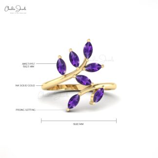 Real 14k Gold Leafy Open Band With 1.19 Ct Amethyst Gemstone Handmade Ring For Her