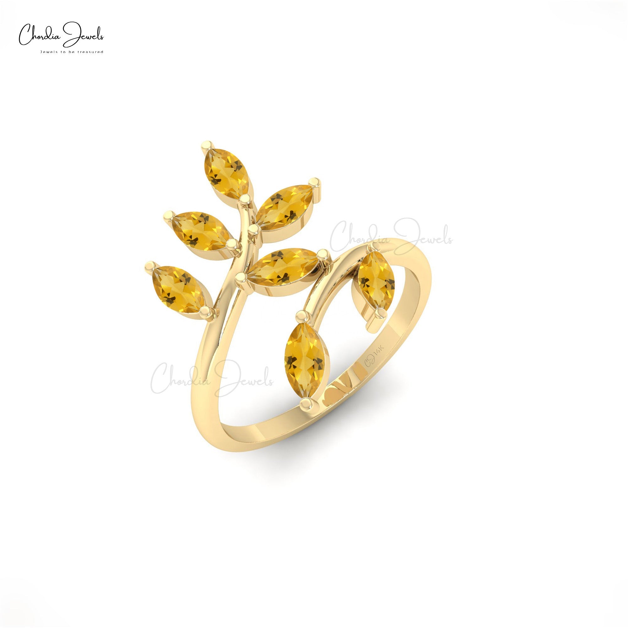 Genuine Citrine Olive Leaf Band in 14k Solid Gold Marquise 7 Stone Wedding Rings